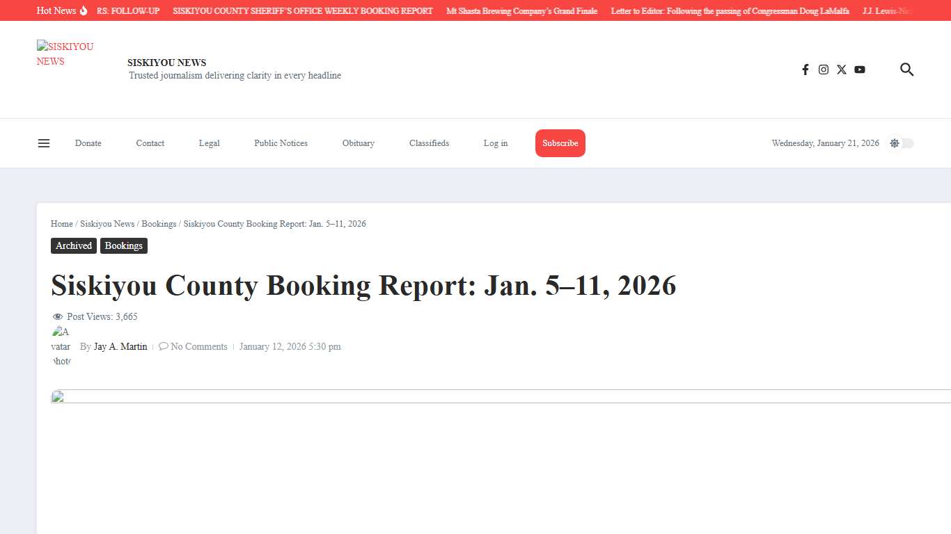 Siskiyou County Booking Report: Jan. 5–11, 2026 – SISKIYOU NEWS